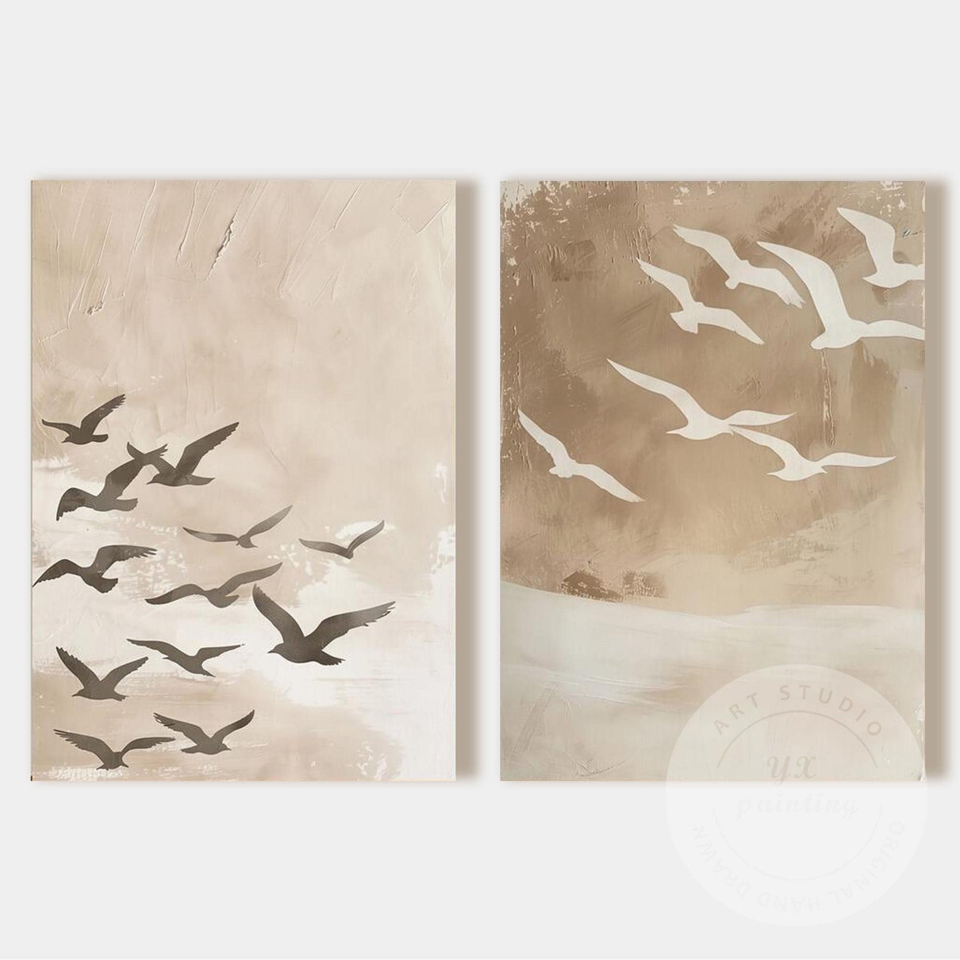 Coastal Bird Wall Art Set of 2, Neutral Beige Seagull Painting, Hand Painted Wab #7