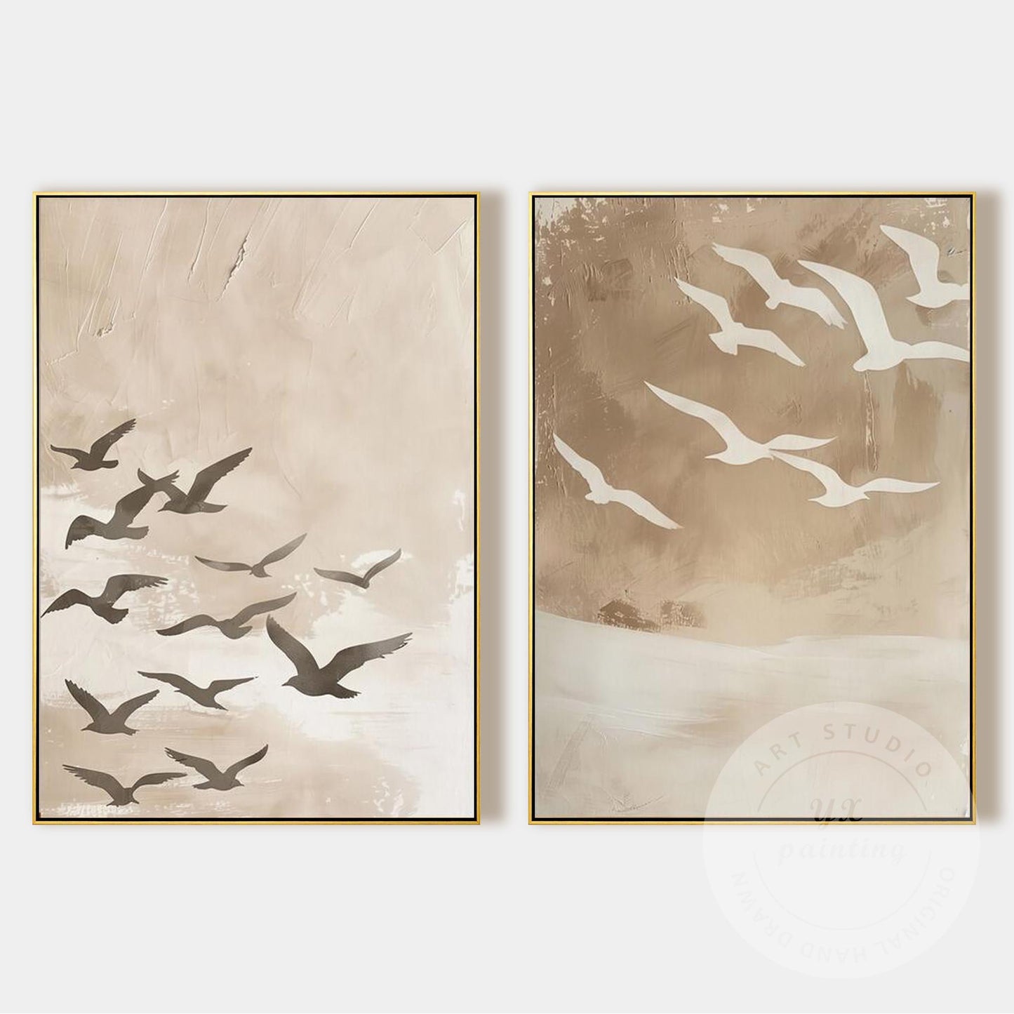 Coastal Bird Wall Art Set of 2, Neutral Beige Seagull Painting, Hand Painted Wab #8