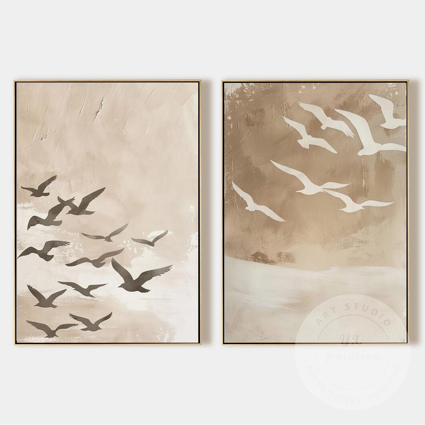 Coastal Bird Wall Art Set of 2, Neutral Beige Seagull Painting, Hand Painted Wab #9