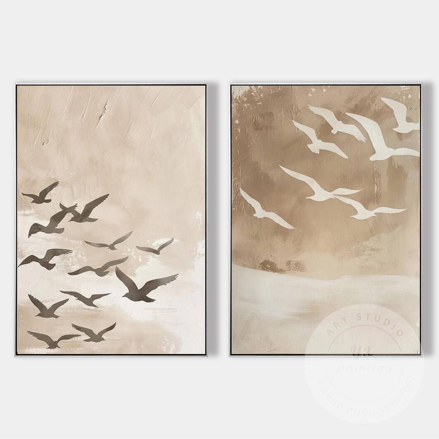 Coastal Bird Wall Art Set of 2, Neutral Beige Seagull Painting, Hand Painted Wab #10