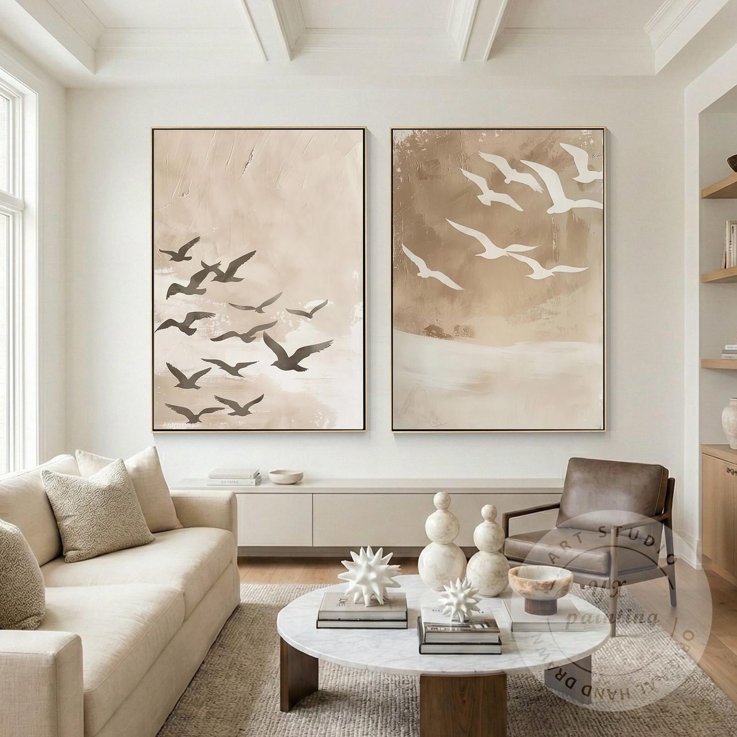 Coastal Bird Wall Art Set of 2, Neutral Beige Seagull Painting, Hand Painted Wab #1