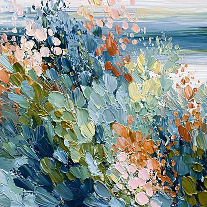COASTAL BLOOM: Textured Abstract Floral Seascape Oil Painting | rectangular format, hand-painted canvas edge