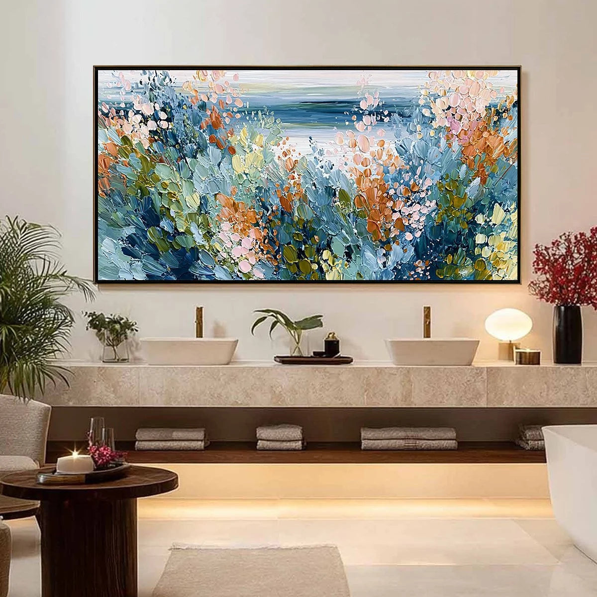 COASTAL BLOOM: Textured Abstract Floral Seascape Oil Painting | gold frame stretched on neutral wall