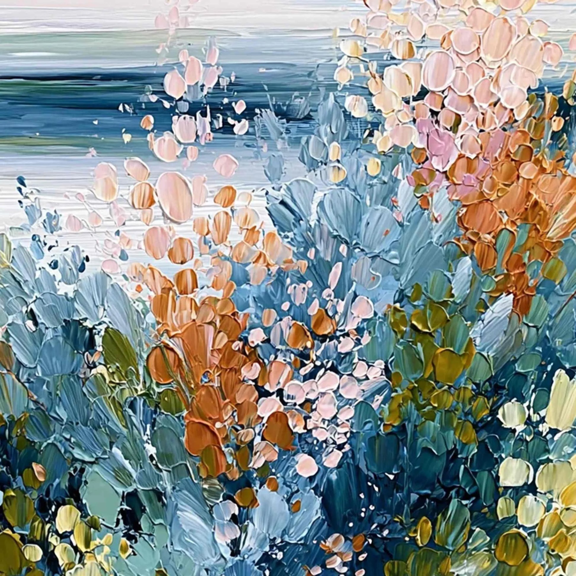 COASTAL BLOOM: Textured Abstract Floral Seascape Oil Painting | rolled canvas, ready for custom framing
