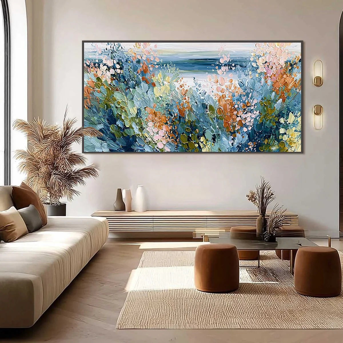 COASTAL BLOOM: Textured Abstract Floral Seascape Oil Painting | black frame version on white wall