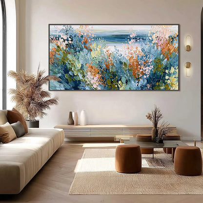 COASTAL BLOOM: Textured Abstract Floral Seascape Oil Painting | black frame version on white wall