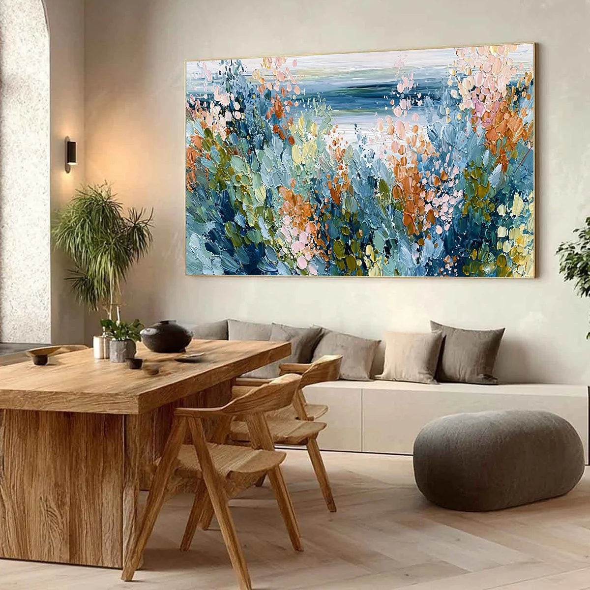 COASTAL BLOOM: Textured Abstract Floral Seascape Oil Painting | Abstract mood, soft natural light studio shot