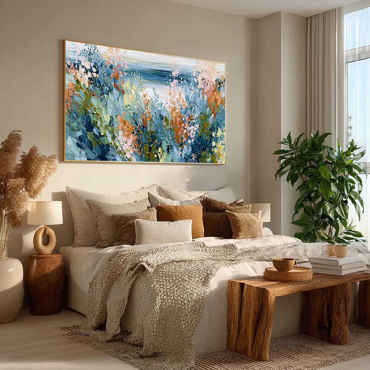 COASTAL BLOOM: Textured Abstract Floral Seascape Oil Painting | beige palette, original Hand-painted on premium stretched canvas using artist-grade oils; rich layered surface combines smooth gradie...