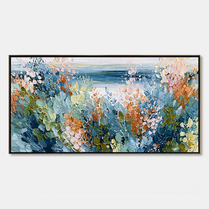 COASTAL BLOOM: Textured Abstract Floral Seascape Oil Painting | hanging in COASTAL BLOOM: Textured Abstract Floral Seascape Oil Painting featuring layered textured brushwork in refined tones; abstr...