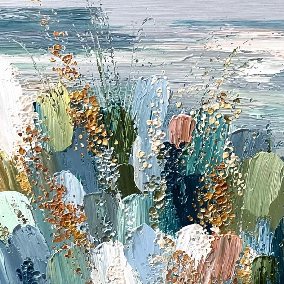 COASTAL BLOOM: Textured Abstract Seascape Impasto Oil Painting | rectangular format, hand-painted canvas edge