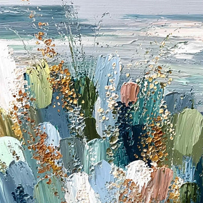 COASTAL BLOOM: Textured Abstract Seascape Impasto Oil Painting | rectangular format, hand-painted canvas edge