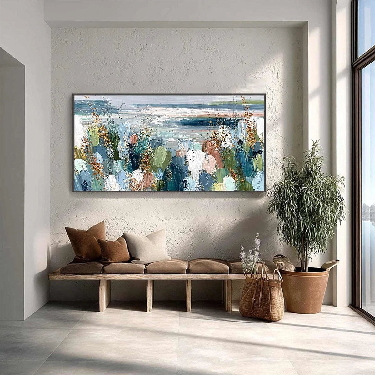 COASTAL BLOOM: Textured Abstract Seascape Impasto Oil Painting | gold frame stretched on neutral wall