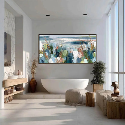 COASTAL BLOOM: Textured Abstract Seascape Impasto Oil Painting | black frame version on white wall