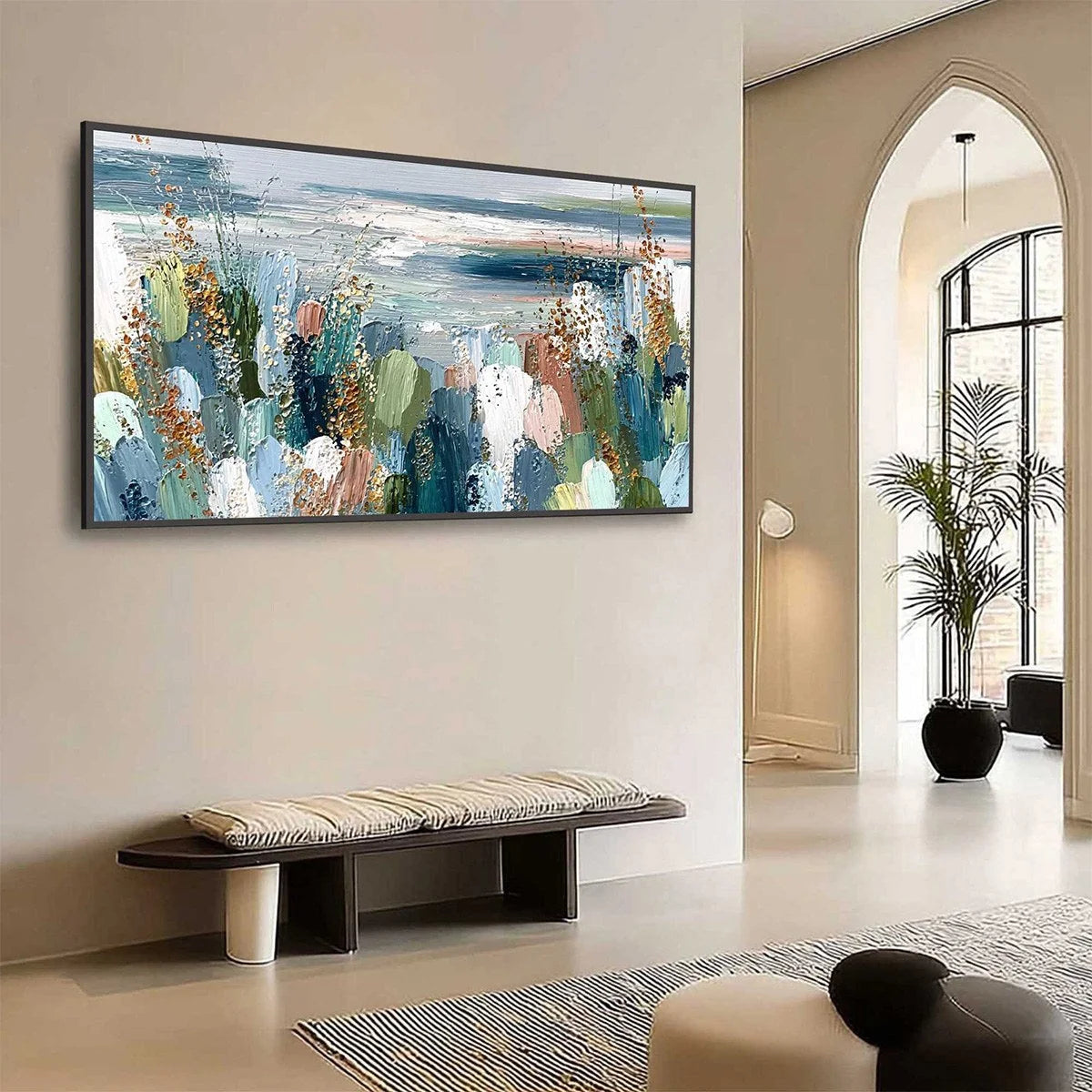 COASTAL BLOOM: Textured Abstract Seascape Impasto Oil Painting | Abstract mood, soft natural light studio shot
