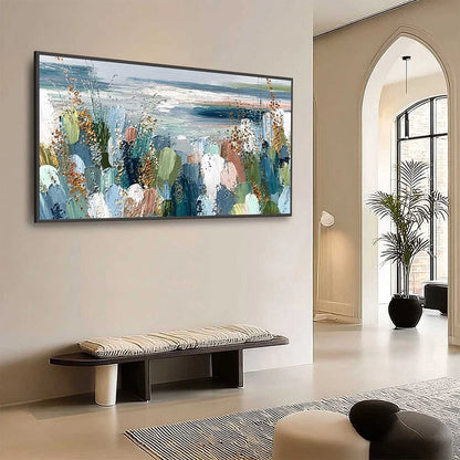 COASTAL BLOOM: Textured Abstract Seascape Impasto Oil Painting | Abstract mood, soft natural light studio shot