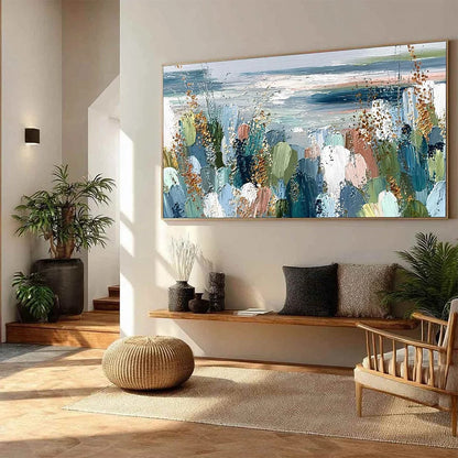 COASTAL BLOOM: Textured Abstract Seascape Impasto Oil Painting | beige palette, original Hand-painted on premium stretched canvas using artist-grade oils; rich layered surface combines smooth gradi...