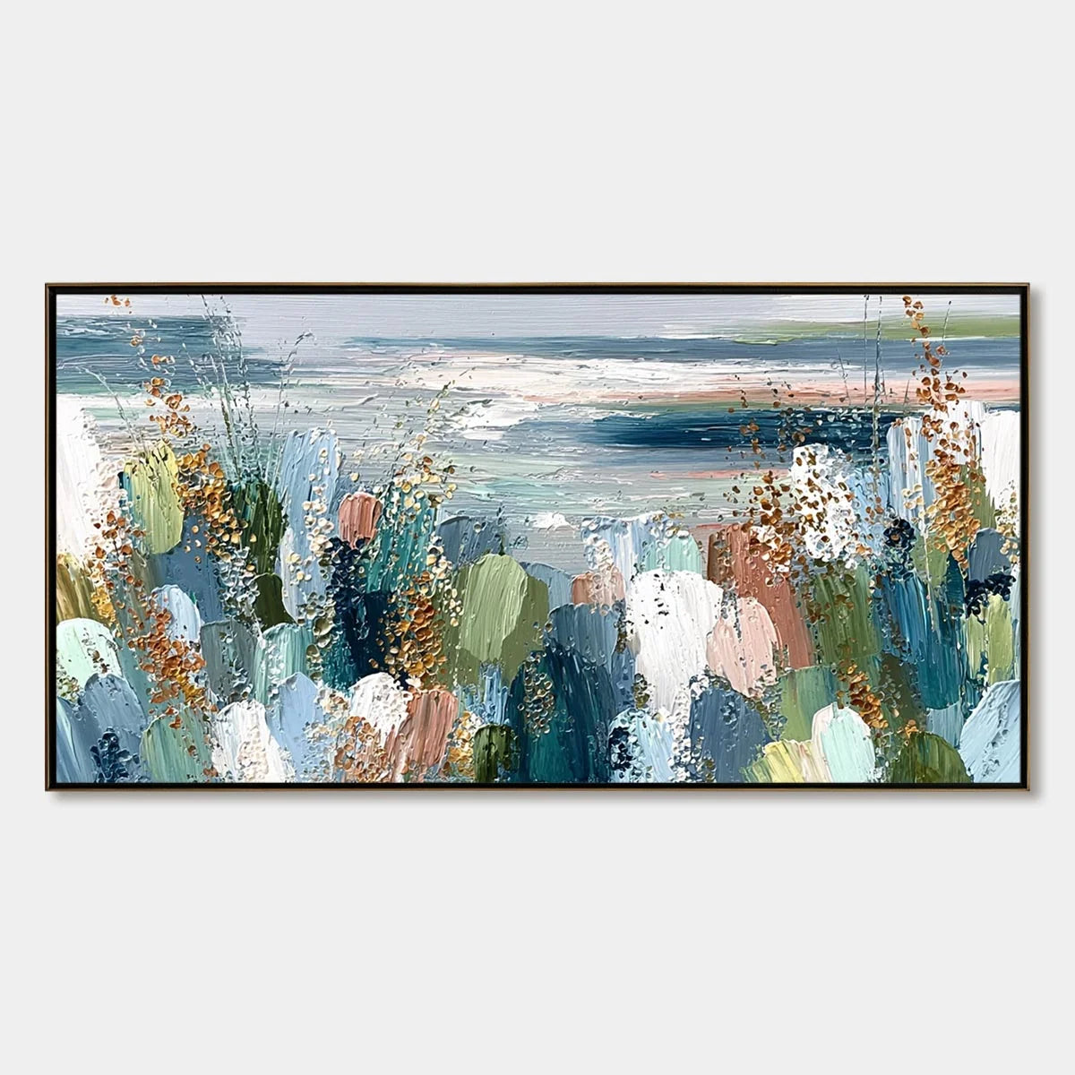 COASTAL BLOOM: Textured Abstract Seascape Impasto Oil Painting | hanging in COASTAL BLOOM: Textured Abstract Seascape Impasto Oil Painting featuring layered textured brushwork in refined tones; abs...