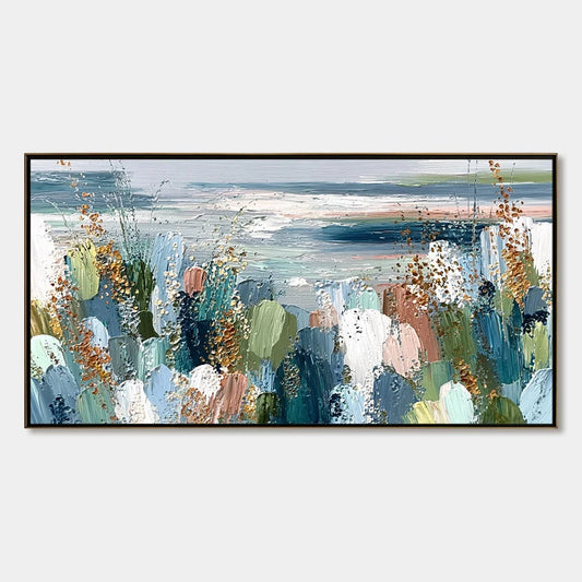 COASTAL BLOOM: Textured Abstract Seascape Impasto Oil Painting | hanging in COASTAL BLOOM: Textured Abstract Seascape Impasto Oil Painting featuring layered textured brushwork in refined tones; abs...