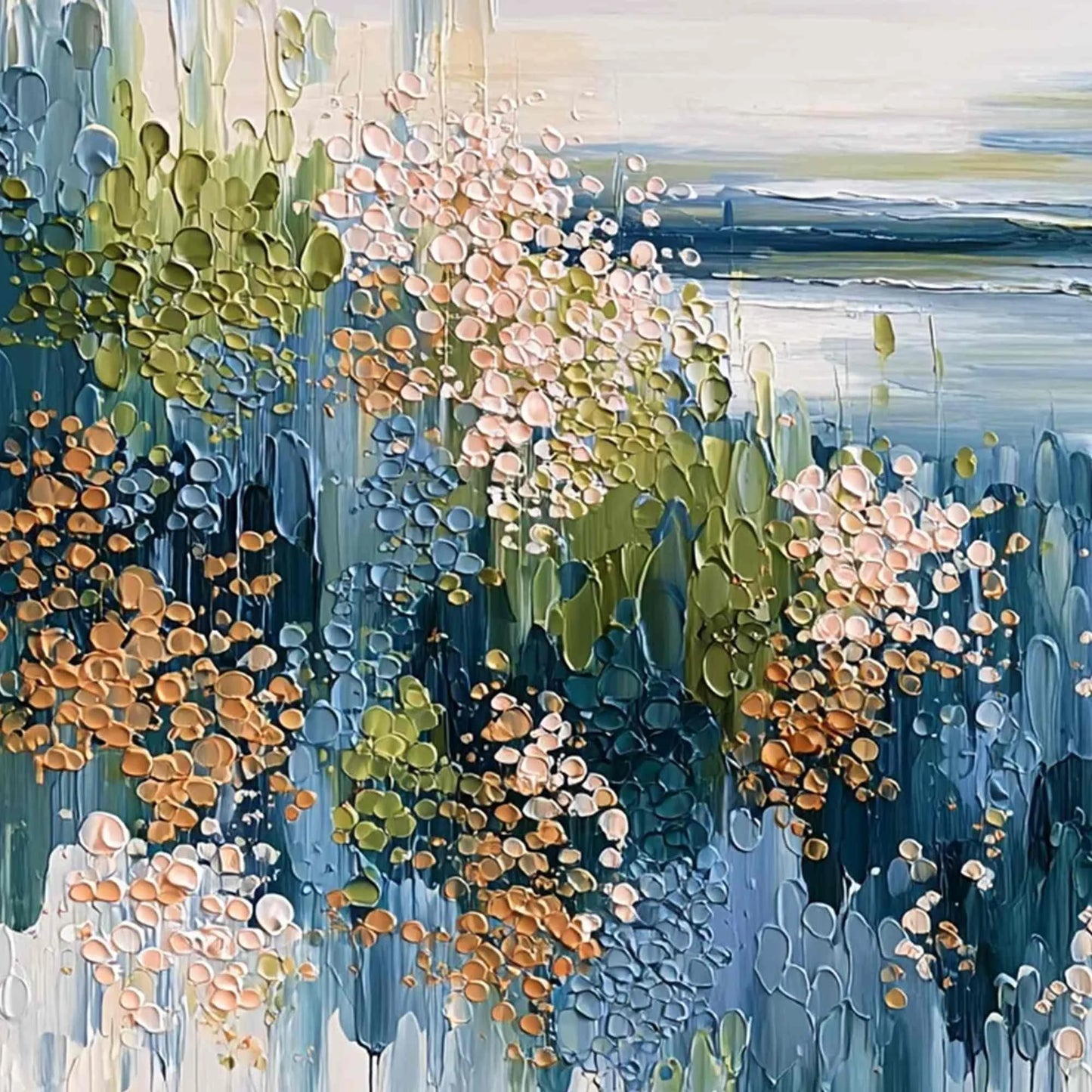 COASTAL BLOOM: Textured Impasto Painting Floral Coastline | rectangular format, hand-painted canvas edge