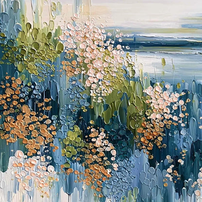 COASTAL BLOOM: Textured Impasto Painting Floral Coastline | rectangular format, hand-painted canvas edge