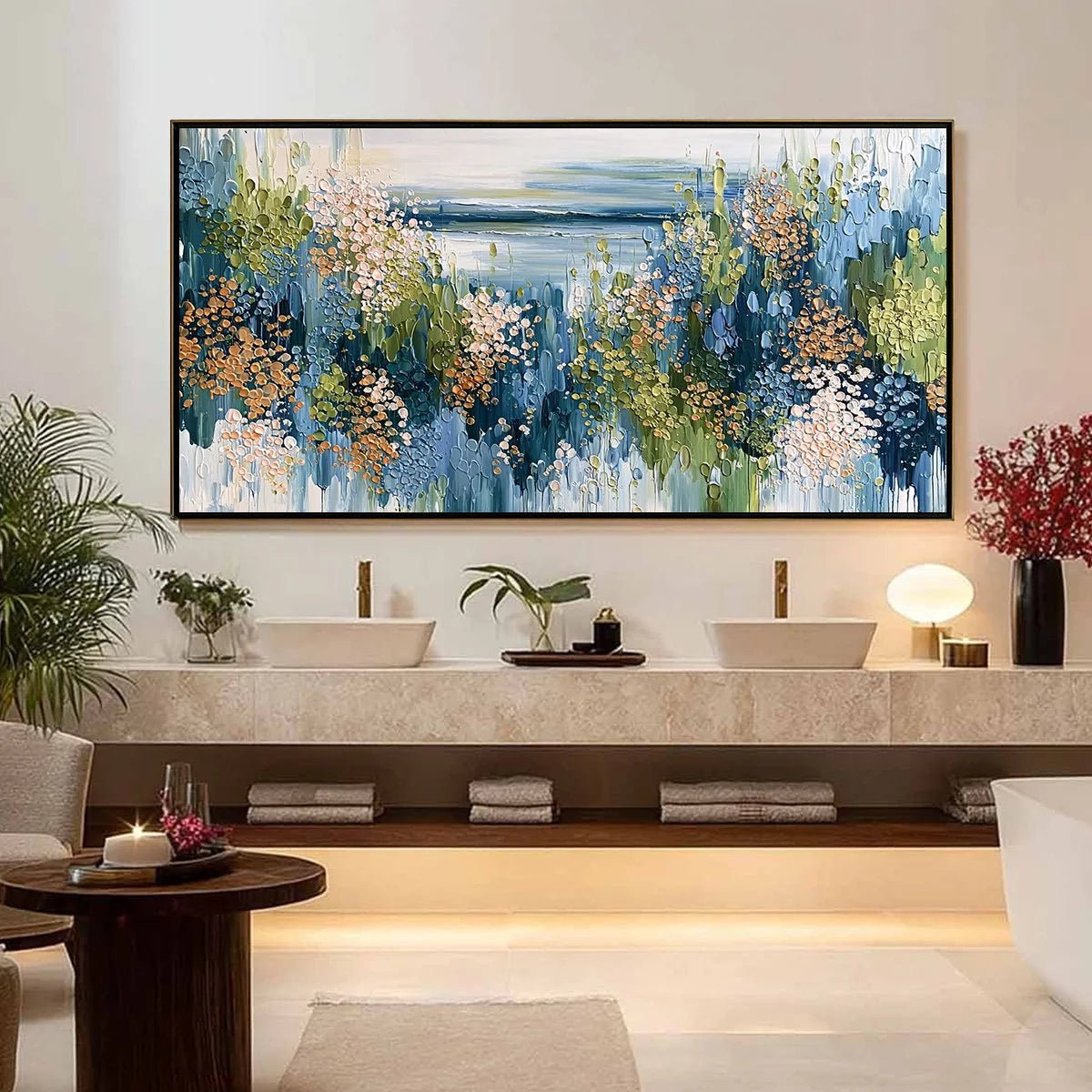 COASTAL BLOOM: Textured Impasto Painting Floral Coastline | gold frame stretched on neutral wall