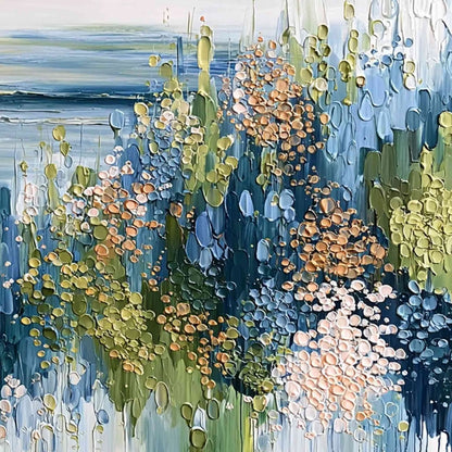 COASTAL BLOOM: Textured Impasto Painting Floral Coastline | rolled canvas, ready for custom framing