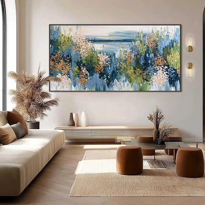 COASTAL BLOOM: Textured Impasto Painting Floral Coastline | black frame version on white wall