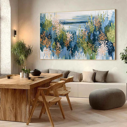 COASTAL BLOOM: Textured Impasto Painting Floral Coastline | Abstract mood, soft natural light studio shot