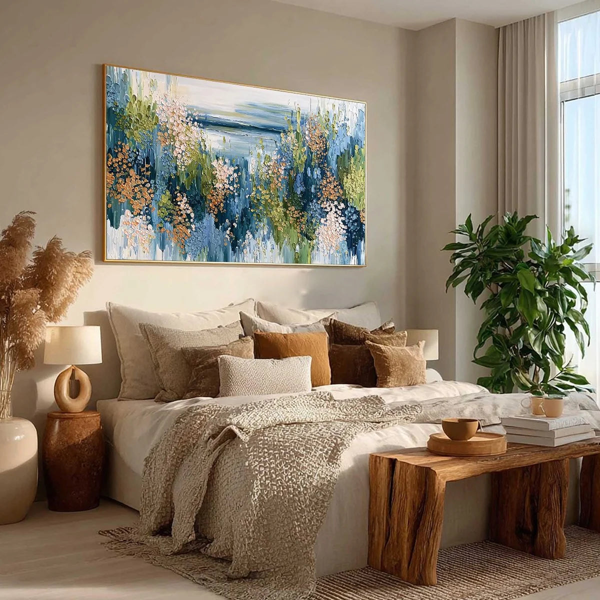 COASTAL BLOOM: Textured Impasto Painting Floral Coastline | beige palette, original Hand-painted on premium stretched canvas using artist-grade oils; rich layered surface combines smooth gradients ...