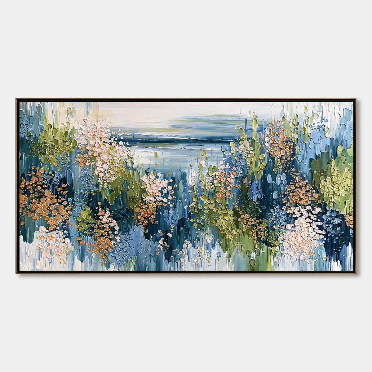 COASTAL BLOOM: Textured Impasto Painting Floral Coastline | hanging in COASTAL BLOOM: Textured Impasto Painting Floral Coastline featuring layered textured brushwork in refined tones; abstract comp...