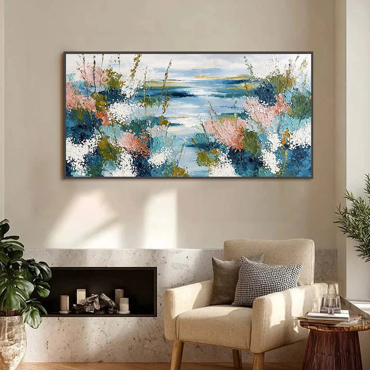COASTAL BLOOM: Textured Impasto Painting of a Floral Coastline | Abstract closeup, raised brushwork detail