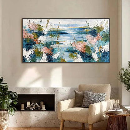 COASTAL BLOOM: Textured Impasto Painting of a Floral Coastline | Abstract closeup, raised brushwork detail
