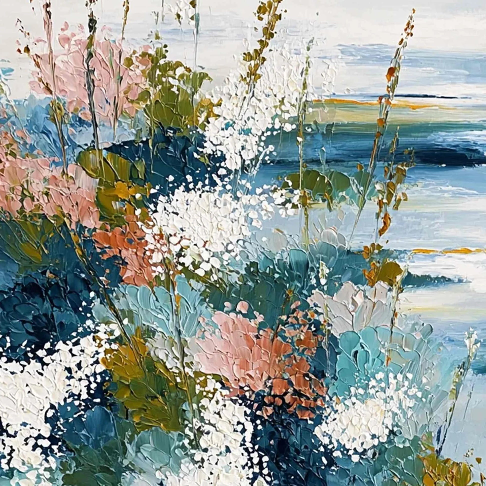 COASTAL BLOOM: Textured Impasto Painting of a Floral Coastline | rectangular format, hand-painted canvas edge
