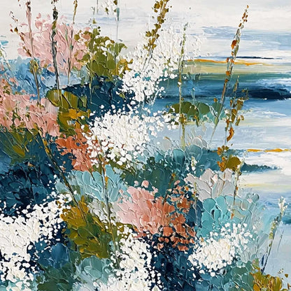 COASTAL BLOOM: Textured Impasto Painting of a Floral Coastline | rectangular format, hand-painted canvas edge