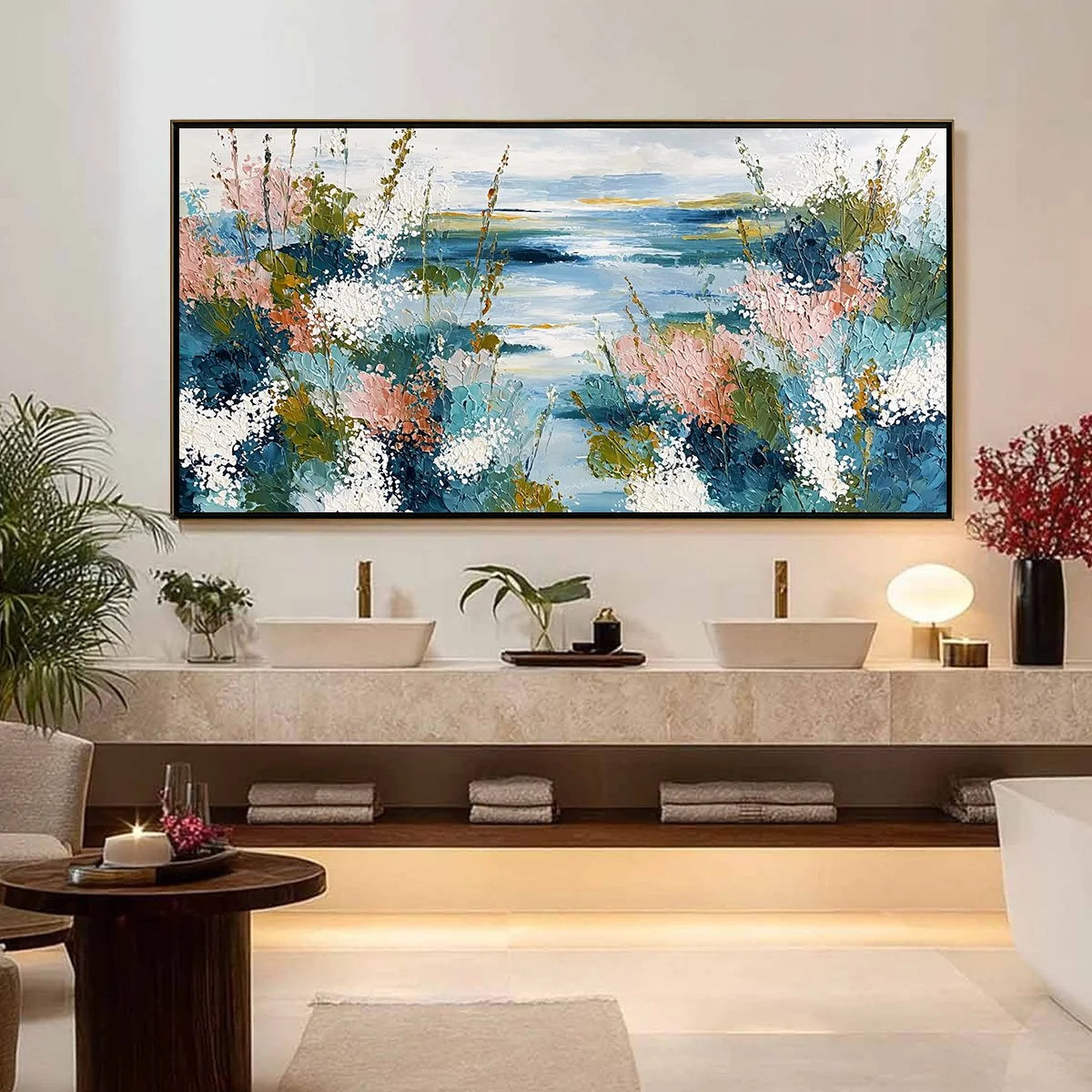 COASTAL BLOOM: Textured Impasto Painting of a Floral Coastline | gold frame stretched on neutral wall
