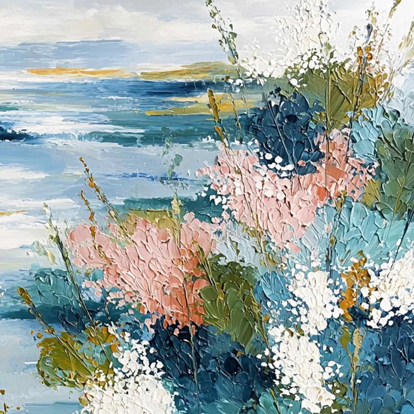 COASTAL BLOOM: Textured Impasto Painting of a Floral Coastline | rolled canvas, ready for custom framing
