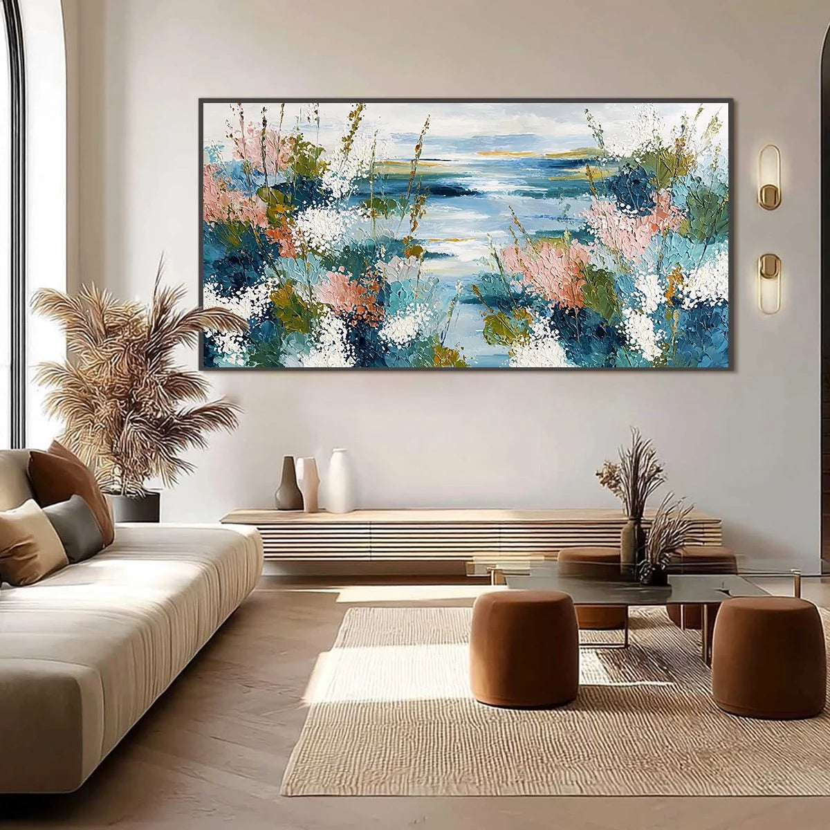 COASTAL BLOOM: Textured Impasto Painting of a Floral Coastline | black frame version on white wall