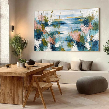 COASTAL BLOOM: Textured Impasto Painting of a Floral Coastline | Abstract mood, soft natural light studio shot