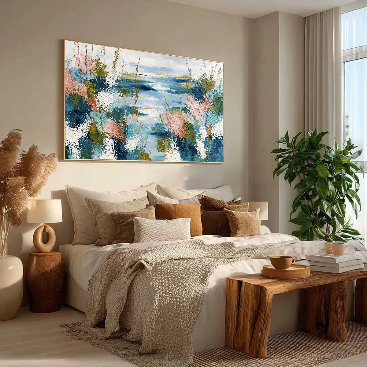 COASTAL BLOOM: Textured Impasto Painting of a Floral Coastline | beige palette, original Hand-painted on premium stretched canvas using artist-grade oils; rich layered surface combines smooth gradi...