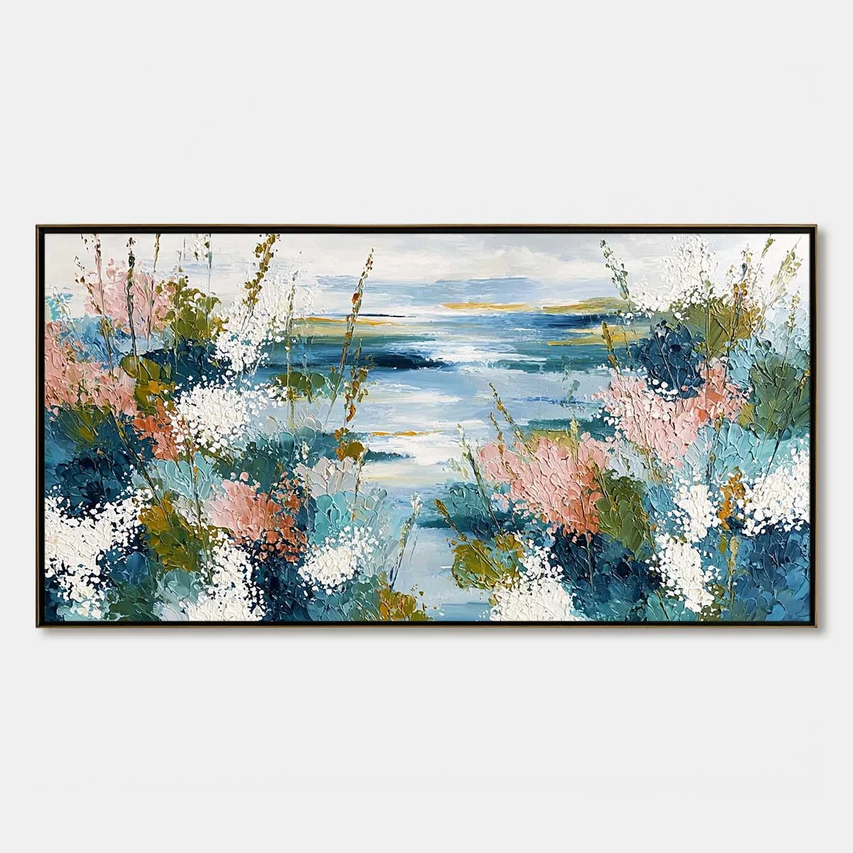 COASTAL BLOOM: Textured Impasto Painting of a Floral Coastline | hanging in COASTAL BLOOM: Textured Impasto Painting of a Floral Coastline featuring layered textured brushwork in refined tones; abs...