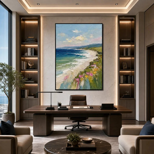 COASTAL BLOOM: Vertical Textured Seascape Painting of a Blooming Coast