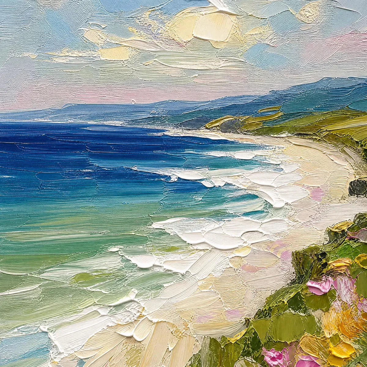 COASTAL BLOOM: Vertical Textured Seascape Painting of a Blooming Coast | rectangular format, hand-painted canvas edge
