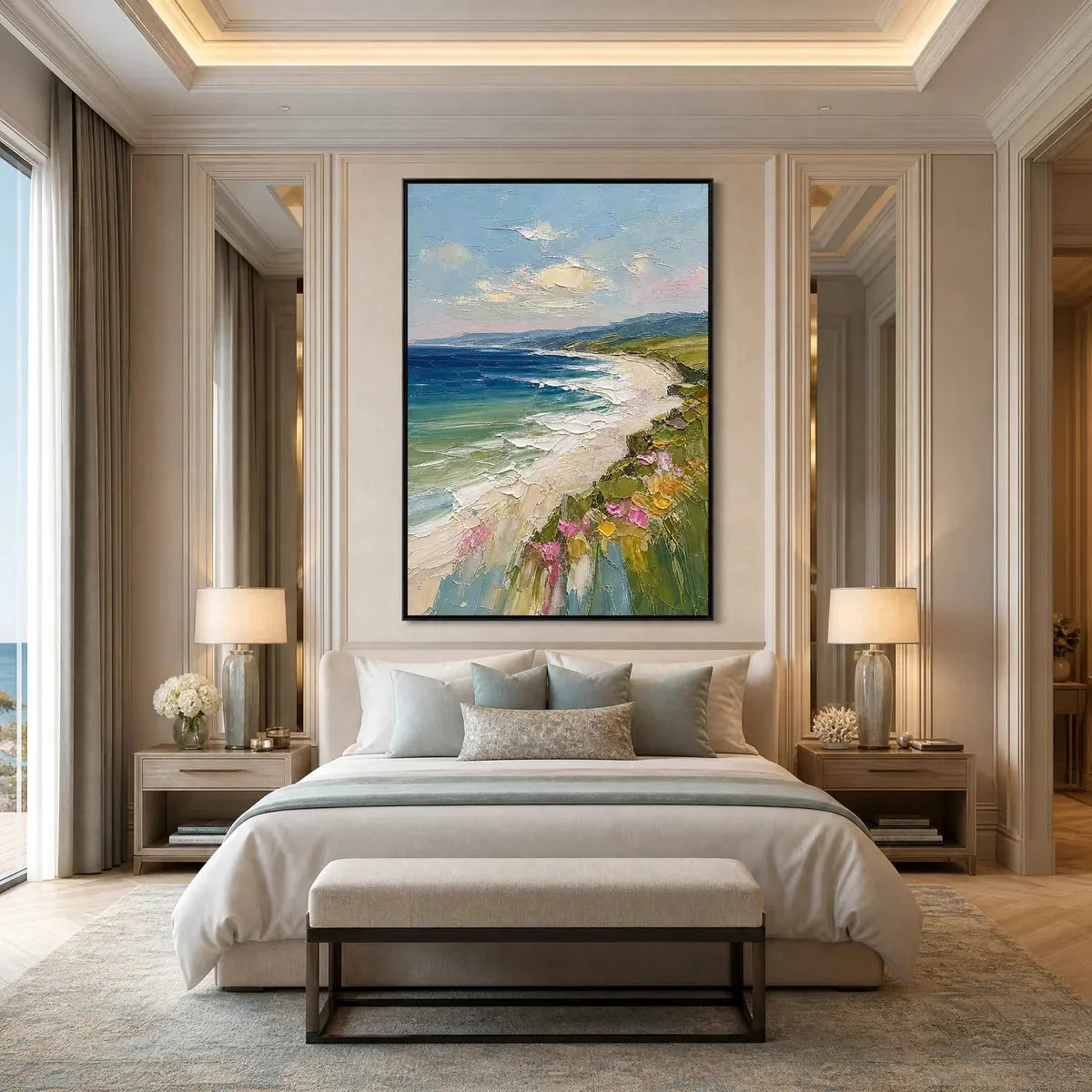 COASTAL BLOOM: Vertical Textured Seascape Painting of a Blooming Coast | gold frame stretched on neutral wall