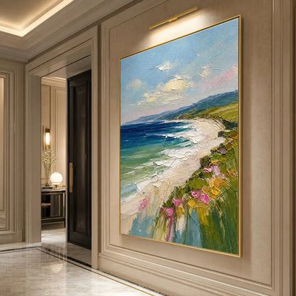 COASTAL BLOOM: Vertical Textured Seascape Painting of a Blooming Coast | rolled canvas, ready for custom framing