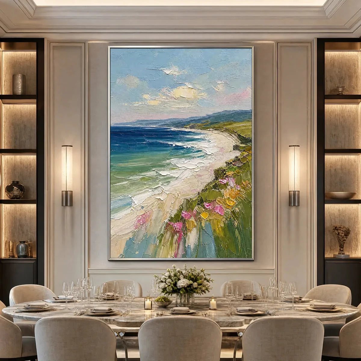 COASTAL BLOOM: Vertical Textured Seascape Painting of a Blooming Coast | black frame version on white wall