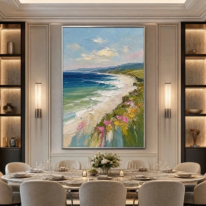 COASTAL BLOOM: Vertical Textured Seascape Painting of a Blooming Coast | black frame version on white wall
