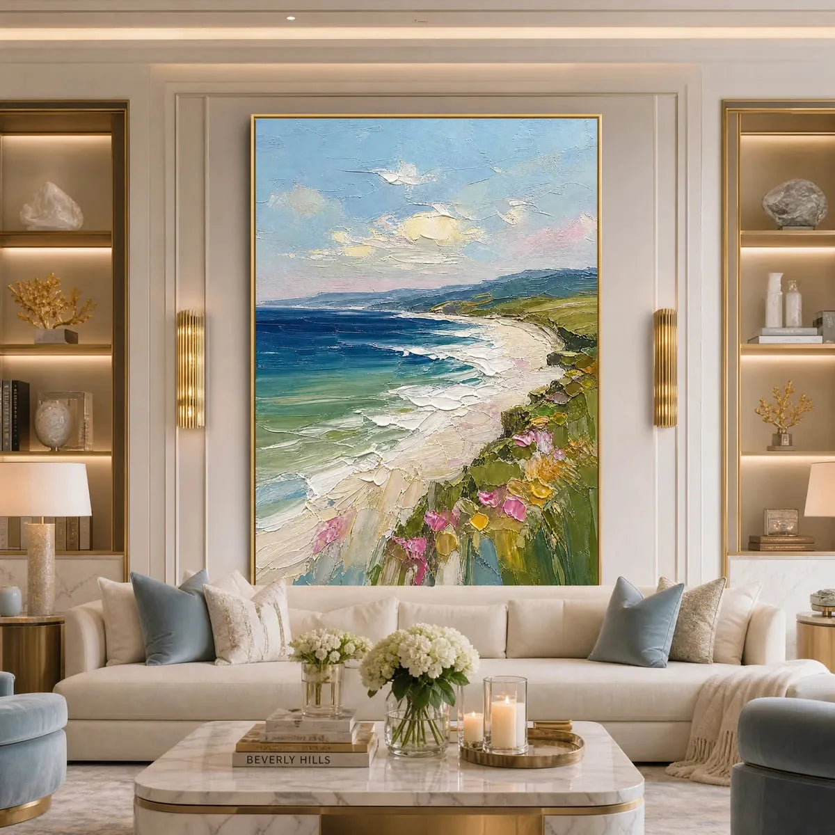 COASTAL BLOOM: Vertical Textured Seascape Painting of a Blooming Coast | Abstract mood, soft natural light studio shot