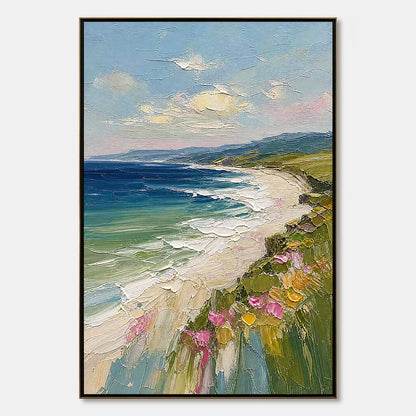 COASTAL BLOOM: Vertical Textured Seascape Painting of a Blooming Coast | hanging in COASTAL BLOOM: Vertical Textured Seascape Painting of a Blooming Coast featuring layered textured brushwork in re...