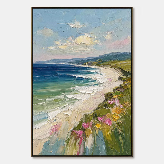 COASTAL BLOOM: Vertical Textured Seascape Painting of a Blooming Coast | hanging in COASTAL BLOOM: Vertical Textured Seascape Painting of a Blooming Coast featuring layered textured brushwork in re...