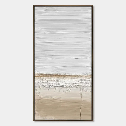 COASTAL CALM: Textured Minimalist Wabi Sabi Landscape | hanging in COASTAL CALM: Textured Minimalist Wabi Sabi Landscape featuring layered textured brushwork in refined tones; landscape composition...